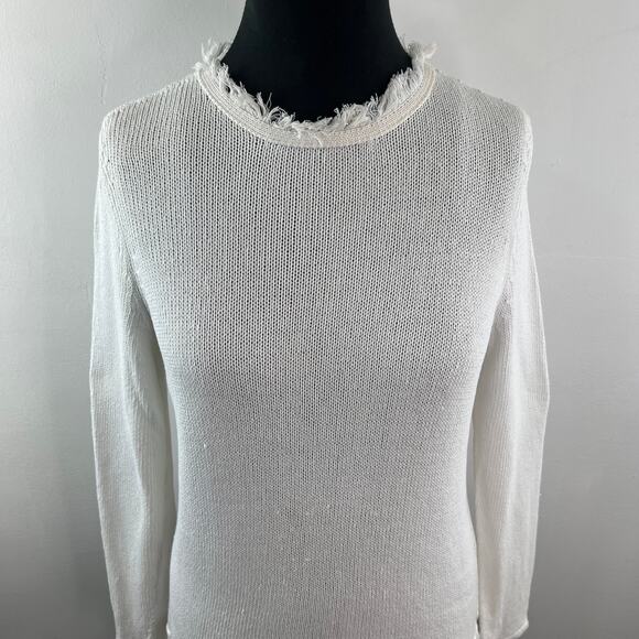 J.Mclaughlin White Sweater Cotton Knitted Crew Neck Thread Fringe Pullover S M? - Picture 4 of 8